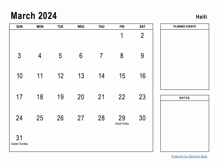 March 2024 Printable Monthly Calendar with Haiti Holidays