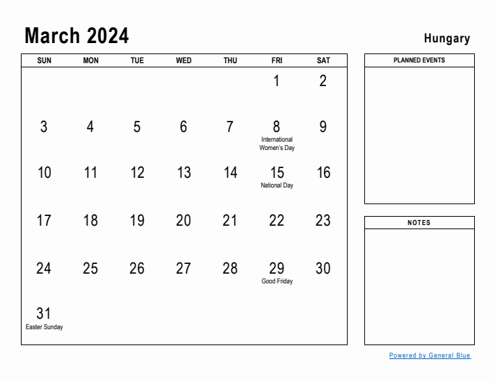 March 2024 Printable Monthly Calendar with Hungary Holidays