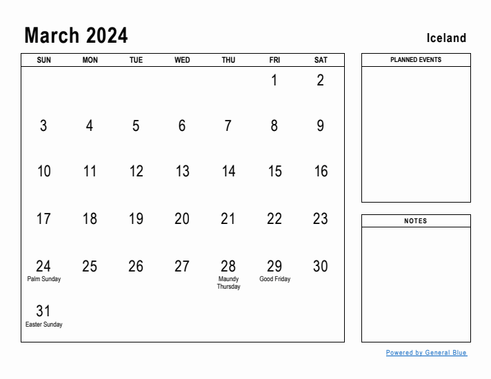 March 2024 Printable Monthly Calendar with Iceland Holidays