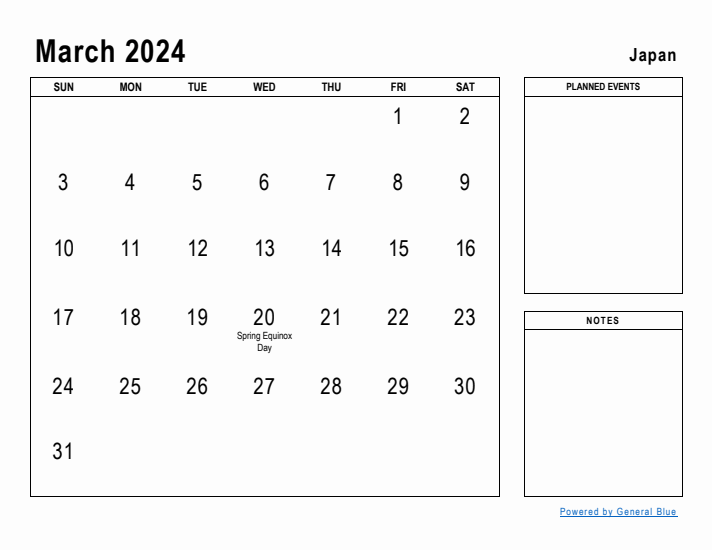 March 2024 Printable Monthly Calendar with Japan Holidays