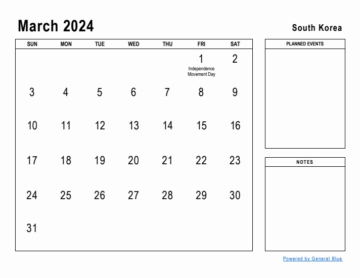 March 2024 Printable Monthly Calendar with South Korea Holidays