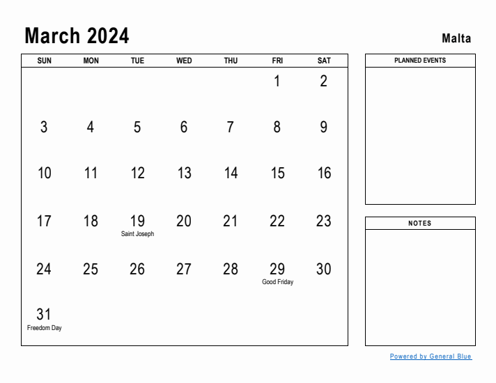 March 2024 Printable Monthly Calendar with Malta Holidays