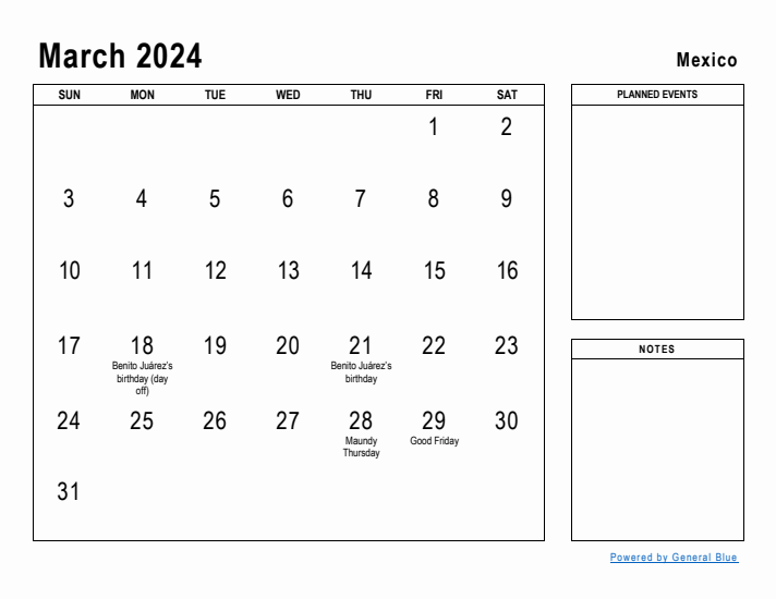 March 2024 Printable Monthly Calendar with Mexico Holidays