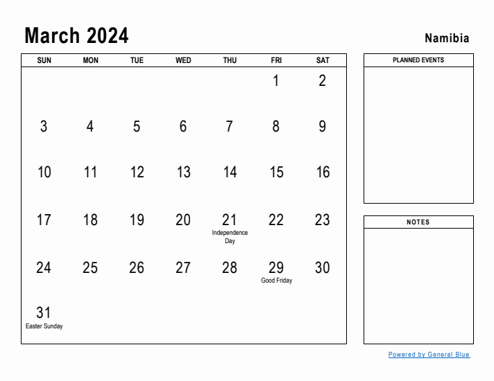 March 2024 Printable Monthly Calendar with Namibia Holidays