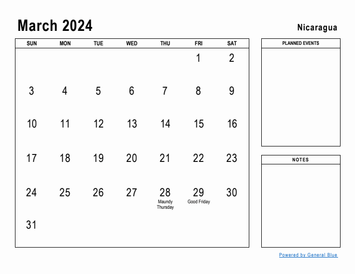 March 2024 Printable Monthly Calendar with Nicaragua Holidays