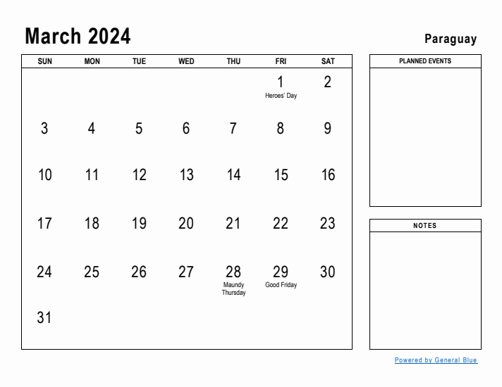 March 2024 Printable Monthly Calendar with Paraguay Holidays