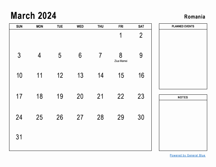 March 2024 Printable Monthly Calendar with Romania Holidays