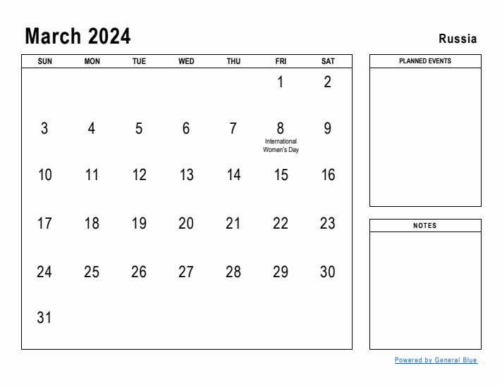 March 2024 Printable Monthly Calendar with Russia Holidays