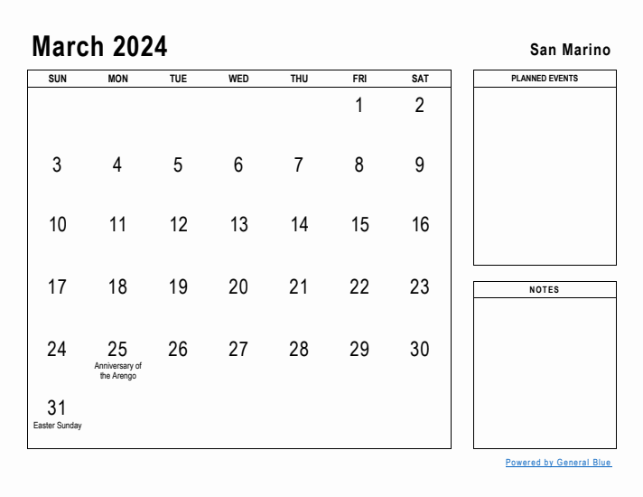 March 2024 Printable Monthly Calendar with San Marino Holidays