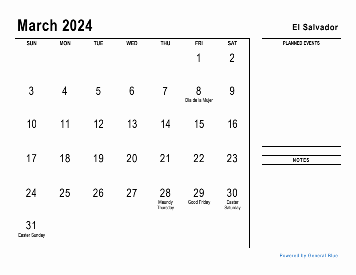 March 2024 Printable Monthly Calendar with El Salvador Holidays