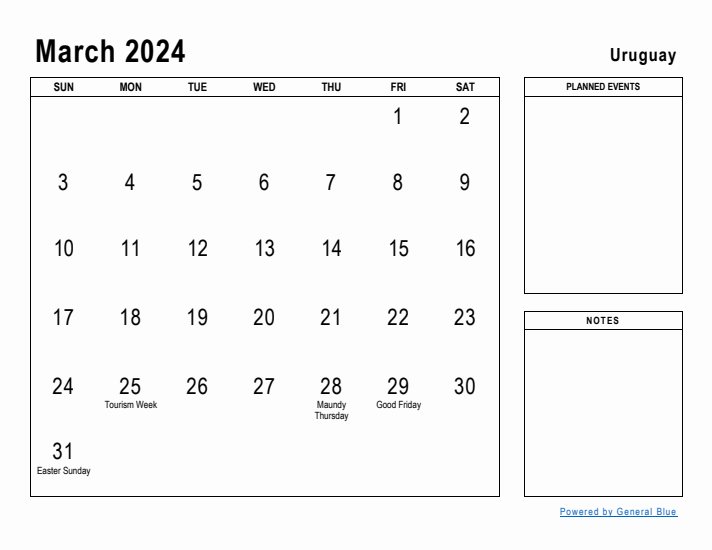 March 2024 Printable Monthly Calendar with Uruguay Holidays