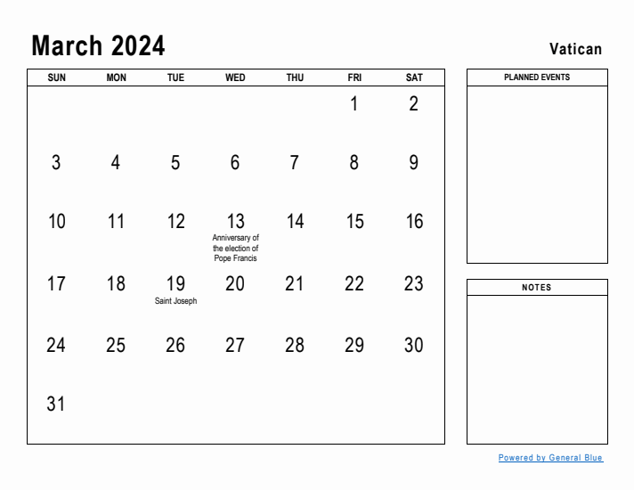 March 2024 Printable Monthly Calendar with Vatican Holidays