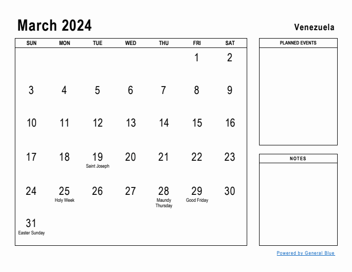 March 2024 Printable Monthly Calendar with Venezuela Holidays