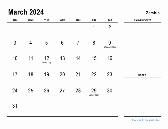 March 2024 Printable Monthly Calendar with Zambia Holidays