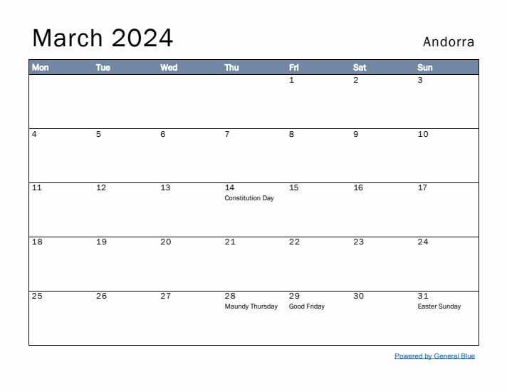 March 2024 Simple Monthly Calendar for Andorra