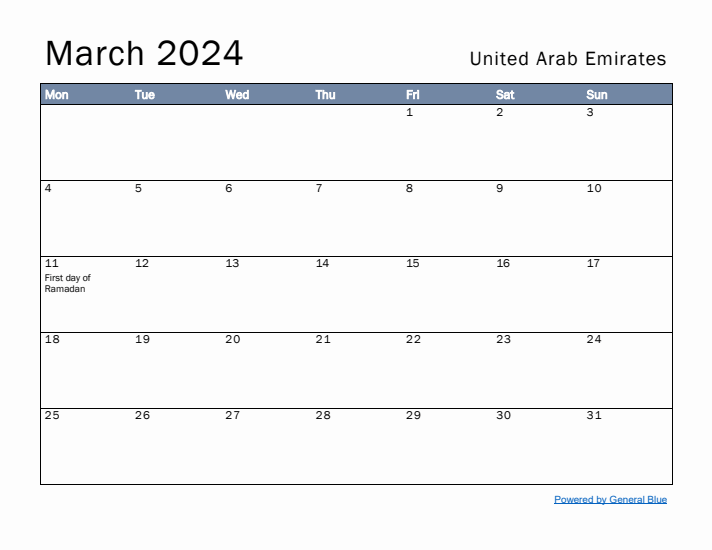 March 2024 Simple Monthly Calendar for United Arab Emirates