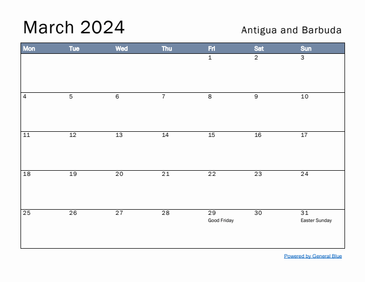 March 2024 Simple Monthly Calendar for Antigua and Barbuda