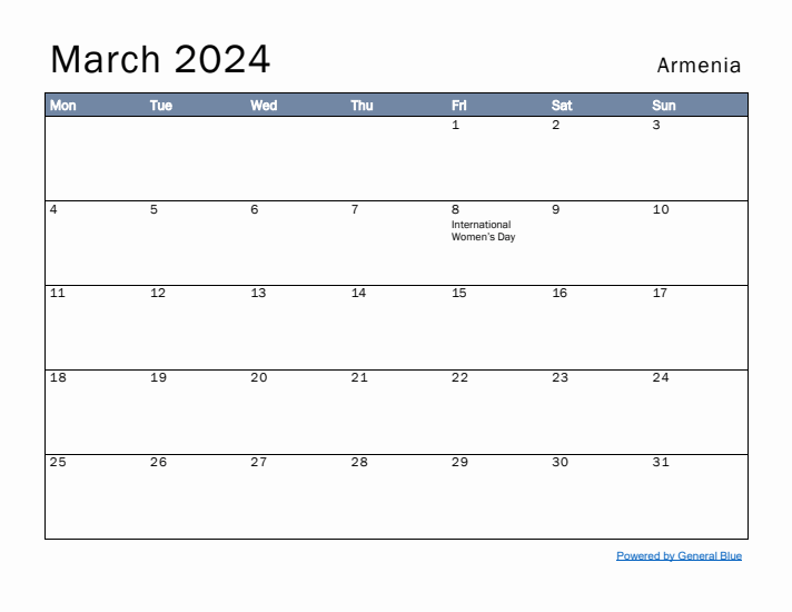 March 2024 Simple Monthly Calendar for Armenia