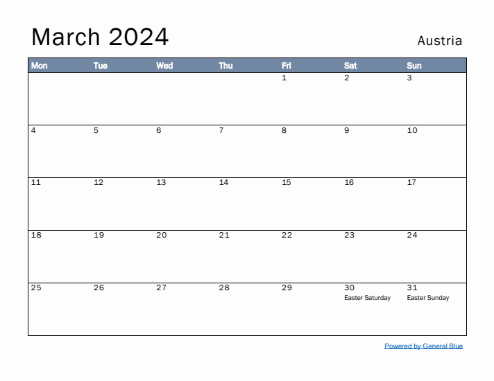 March 2024 Simple Monthly Calendar for Austria