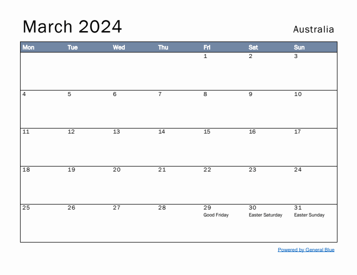 March 2024 Simple Monthly Calendar for Australia