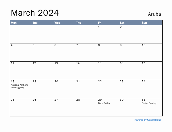 March 2024 Simple Monthly Calendar for Aruba