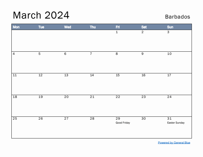 March 2024 Simple Monthly Calendar for Barbados