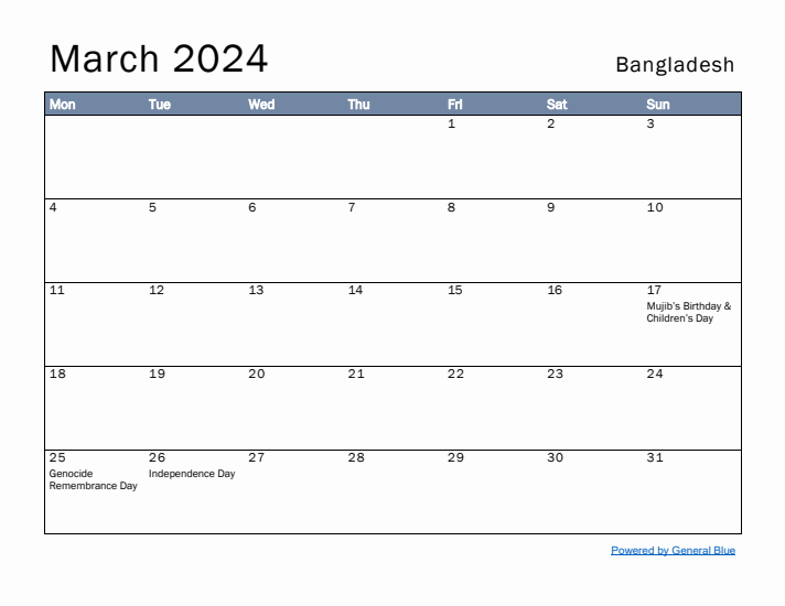 March 2024 Simple Monthly Calendar for Bangladesh