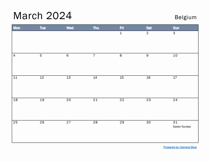 March 2024 Simple Monthly Calendar for Belgium