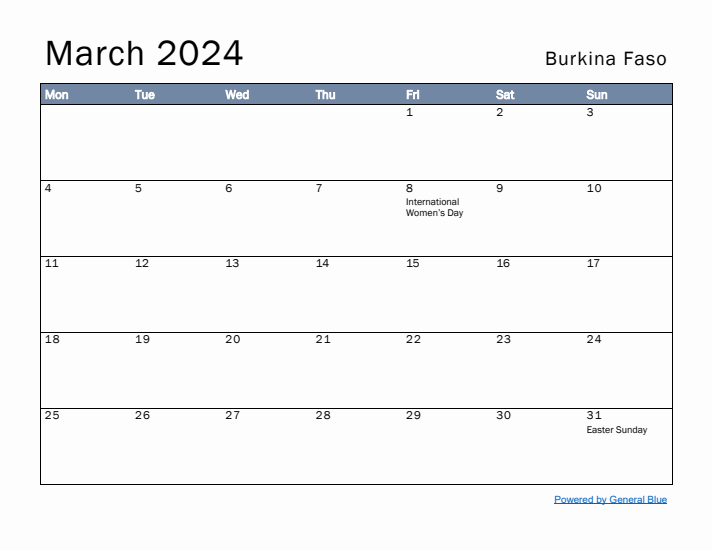 March 2024 Simple Monthly Calendar for Burkina Faso