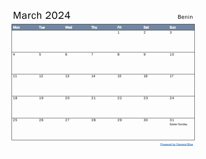 March 2024 Simple Monthly Calendar for Benin