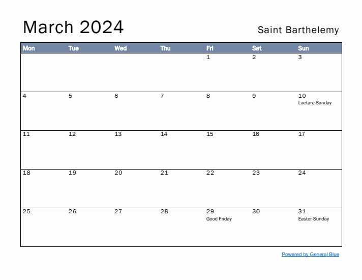 March 2024 Simple Monthly Calendar for Saint Barthelemy