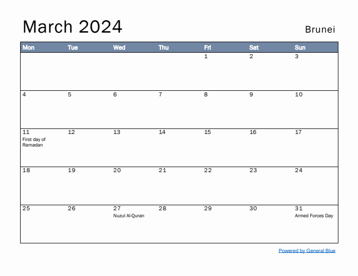 March 2024 Simple Monthly Calendar for Brunei