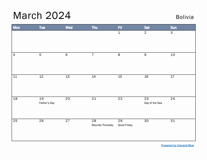 March 2024 Simple Monthly Calendar for Bolivia