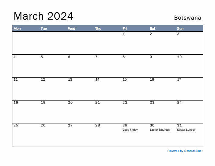 March 2024 Simple Monthly Calendar for Botswana