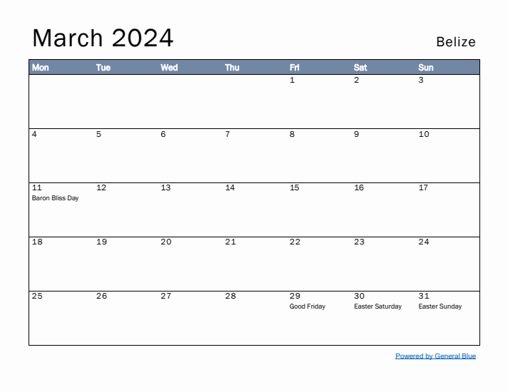 March 2024 Simple Monthly Calendar for Belize