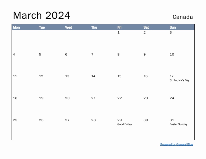 March 2024 Simple Monthly Calendar for Canada