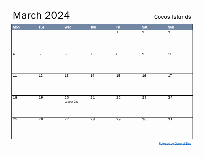 March 2024 Simple Monthly Calendar for Cocos Islands