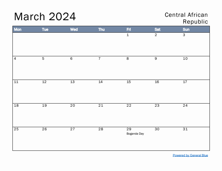 March 2024 Simple Monthly Calendar for Central African Republic