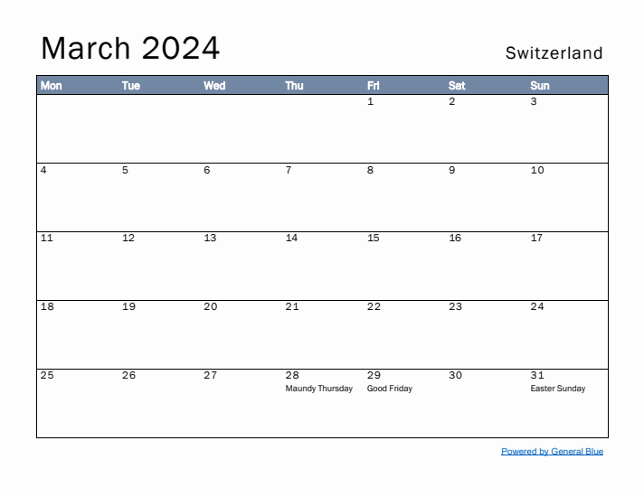 March 2024 Simple Monthly Calendar for Switzerland