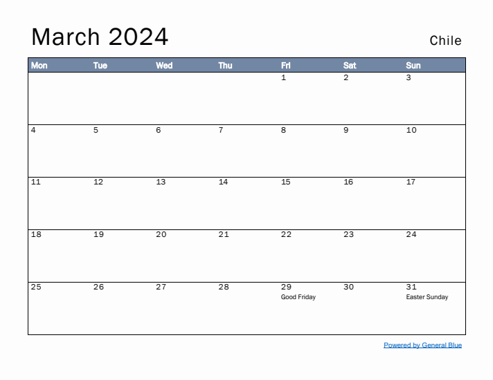 March 2024 Simple Monthly Calendar for Chile