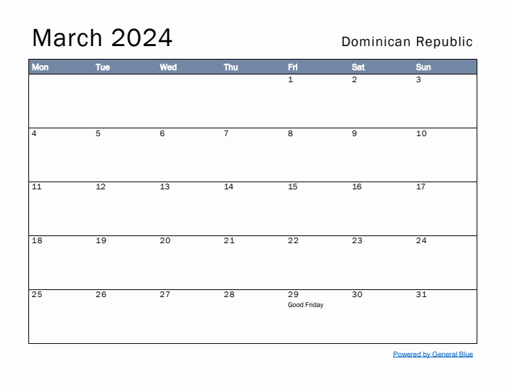 March 2024 Simple Monthly Calendar for Dominican Republic