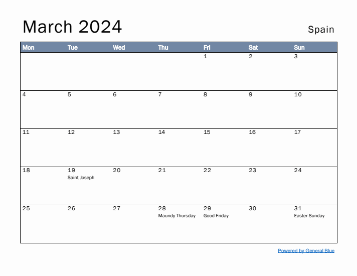 March 2024 Simple Monthly Calendar for Spain