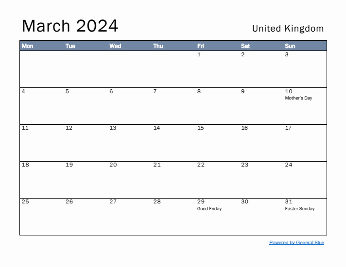 March 2024 Simple Monthly Calendar for United Kingdom