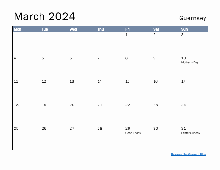 March 2024 Simple Monthly Calendar for Guernsey