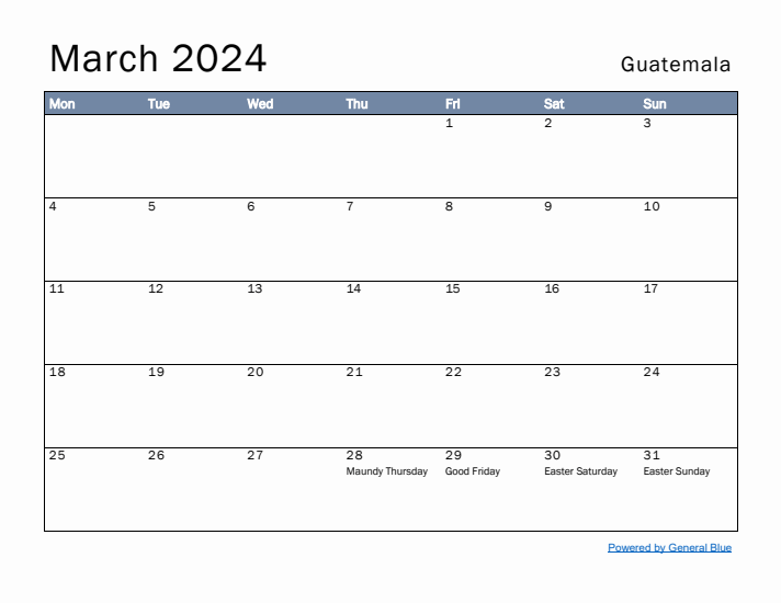 March 2024 Simple Monthly Calendar for Guatemala