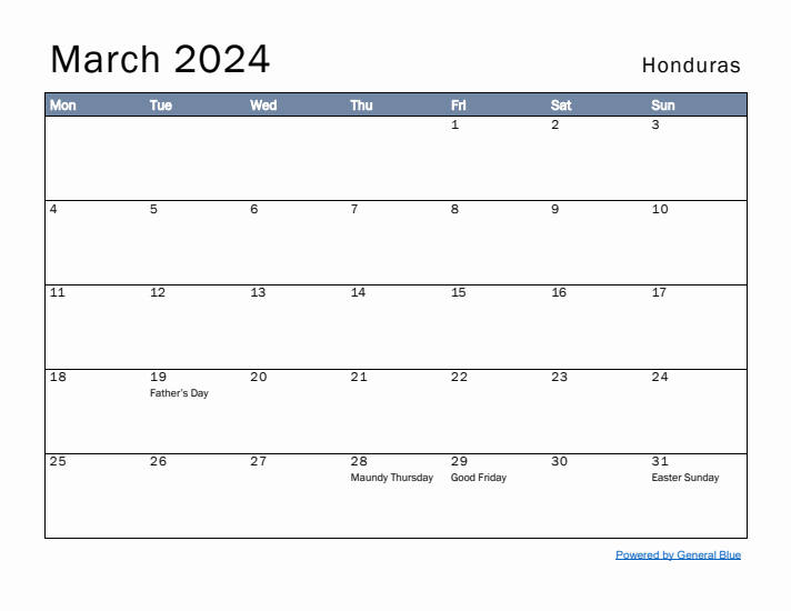 March 2024 Simple Monthly Calendar for Honduras