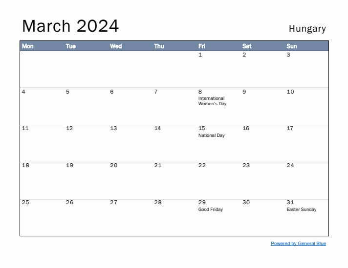 March 2024 Simple Monthly Calendar for Hungary