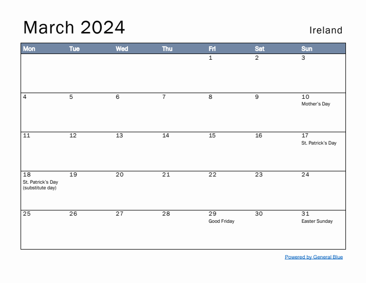 March 2024 Simple Monthly Calendar for Ireland