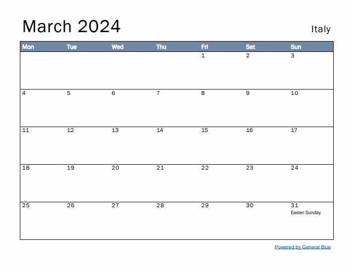 March 2024 Simple Monthly Calendar for Italy