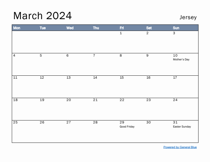 March 2024 Simple Monthly Calendar for Jersey